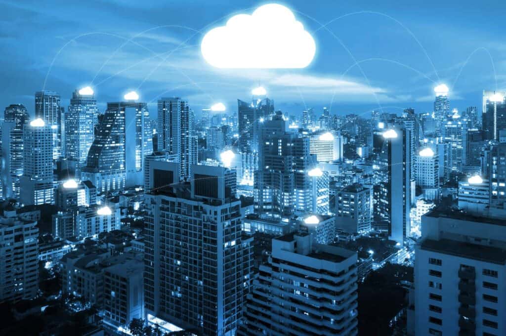 Night cityscape and internet network connection cloud technology for communication business and technology concept