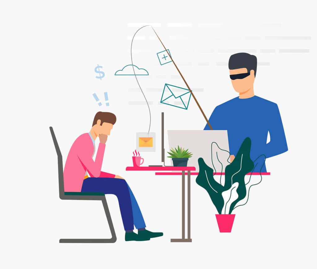 Cyber attacker hacking into email server. Scammer holding fishing tackle with hooked message of office worker