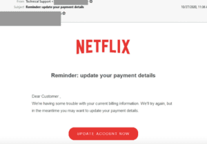example of a scam email pretending to be from netflix reminding people to update their payment details