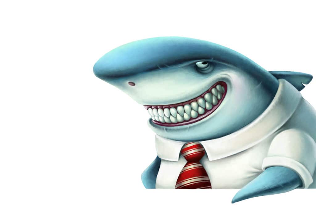 cartoon shark in a shirt and tie smiling