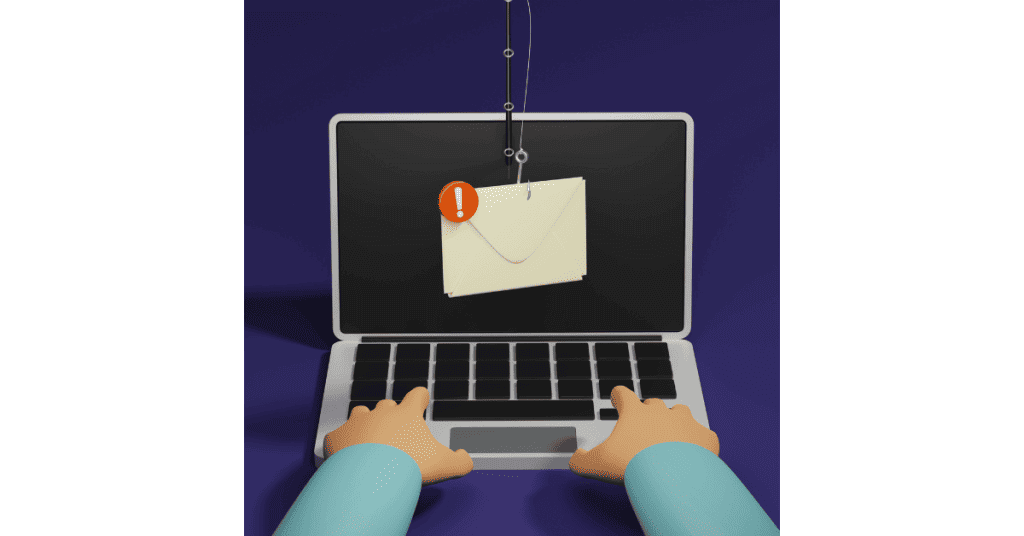 Spam email awareness image of man on laptop.